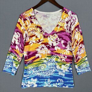 Boston Proper Floral Knit Top Women's Size Large L Beaded Jewel Neckline Floral